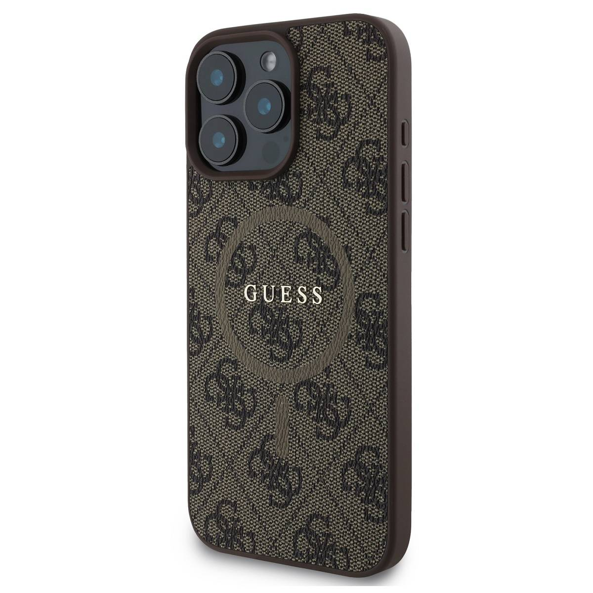 Custodia per telefono con logo GUESS, che mostra un design marrone a fantasia.