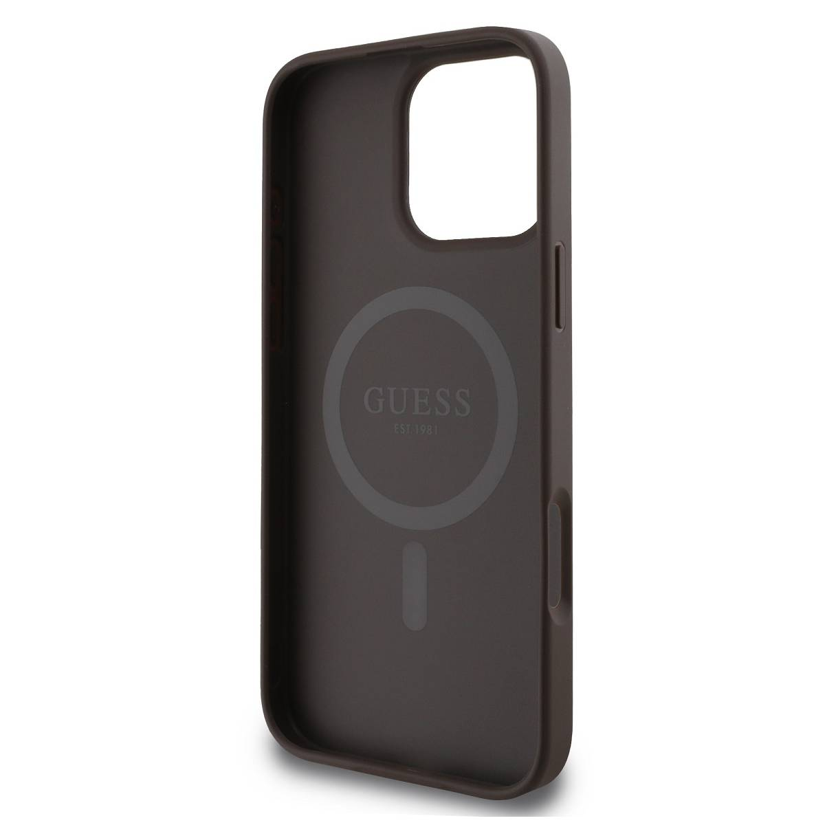 Custodia per telefono marrone scuro con il logo Guess e il cerchio MagSafe. L'interno della custodia è visibile.