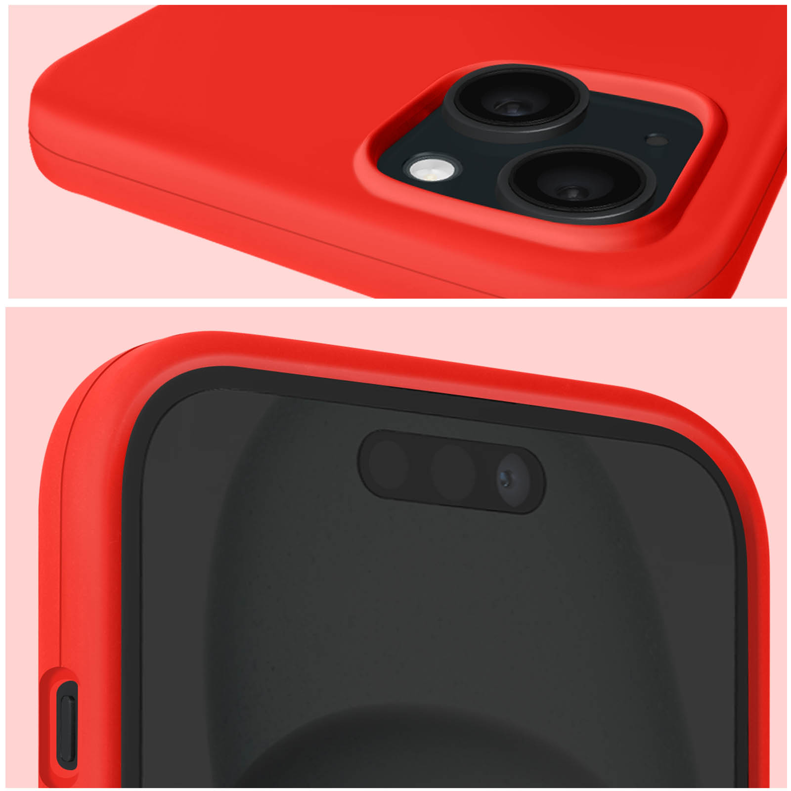 Dettagli della custodia del telefono. Primo piano della fotocamera e dello schermo. Custodia rossa, schermo nero. Obiettivi della fotocamera visibili.
