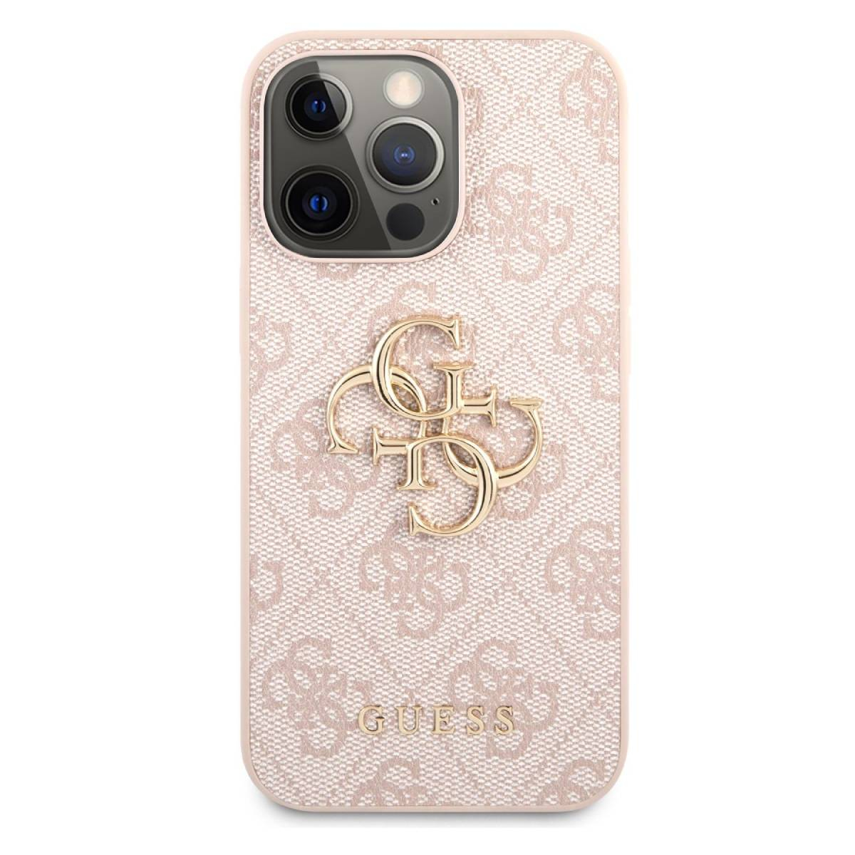 Custodia per telefono con motivo floreale rosa e logo Guess dorato. Lo sfondo è una superficie rosata.