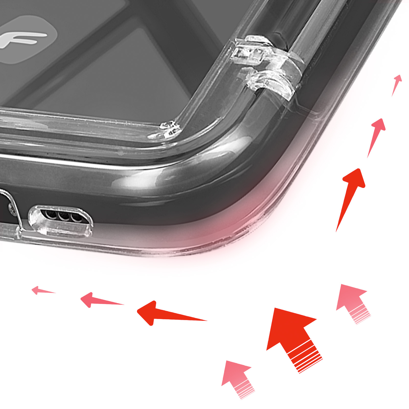 Un primo piano del bordo di una custodia per telefono con frecce rosse che puntano verso di essa.