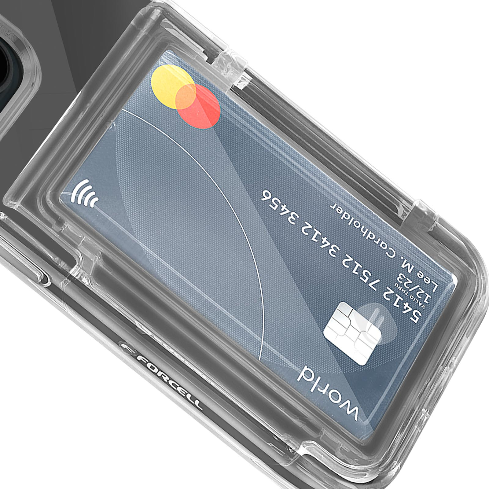 Una custodia trasparente per telefono con una carta di credito all'interno, che mostra i dettagli della carta.