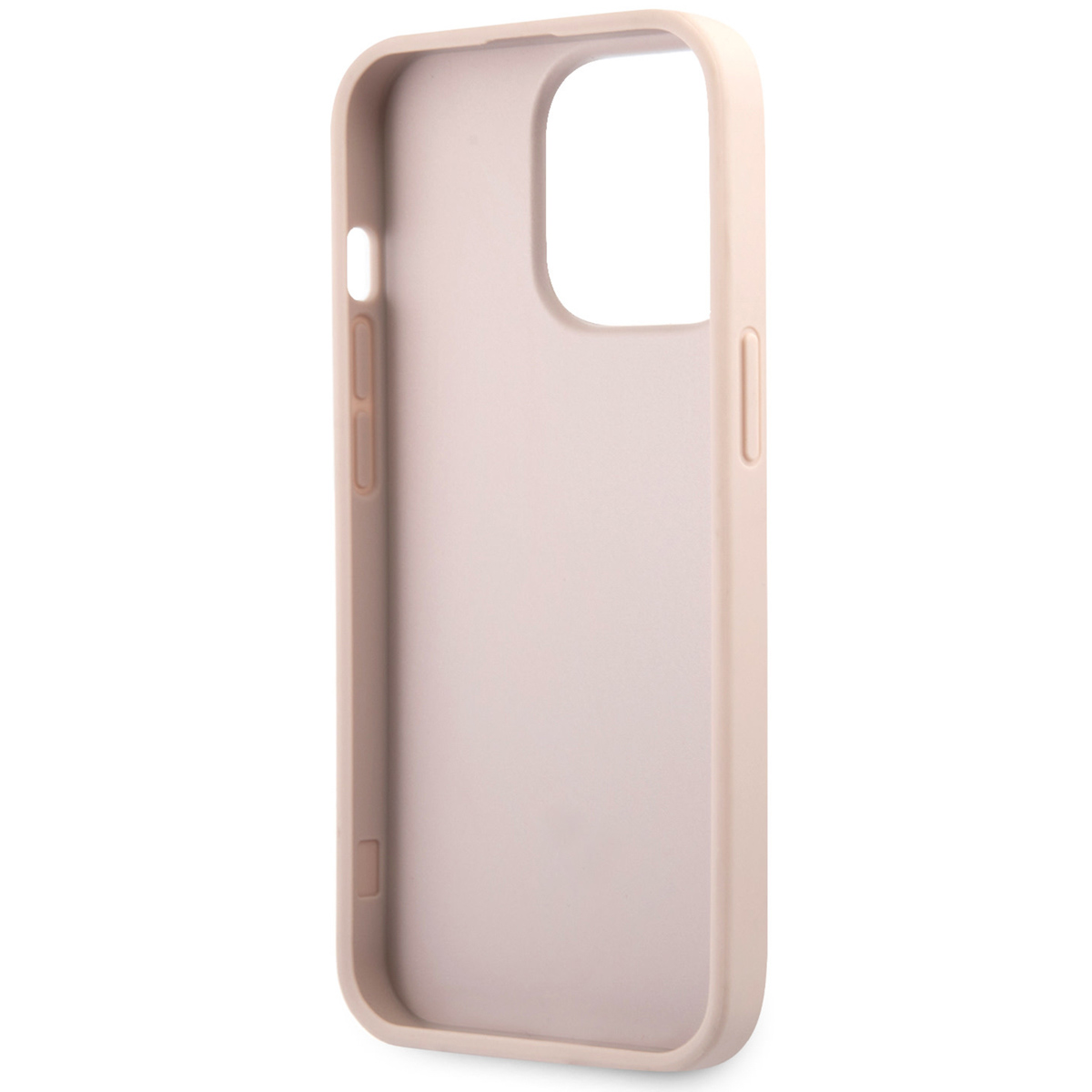 Una custodia per telefono beige, che mostra il lato e l'interno. La custodia è di un colore pieno.