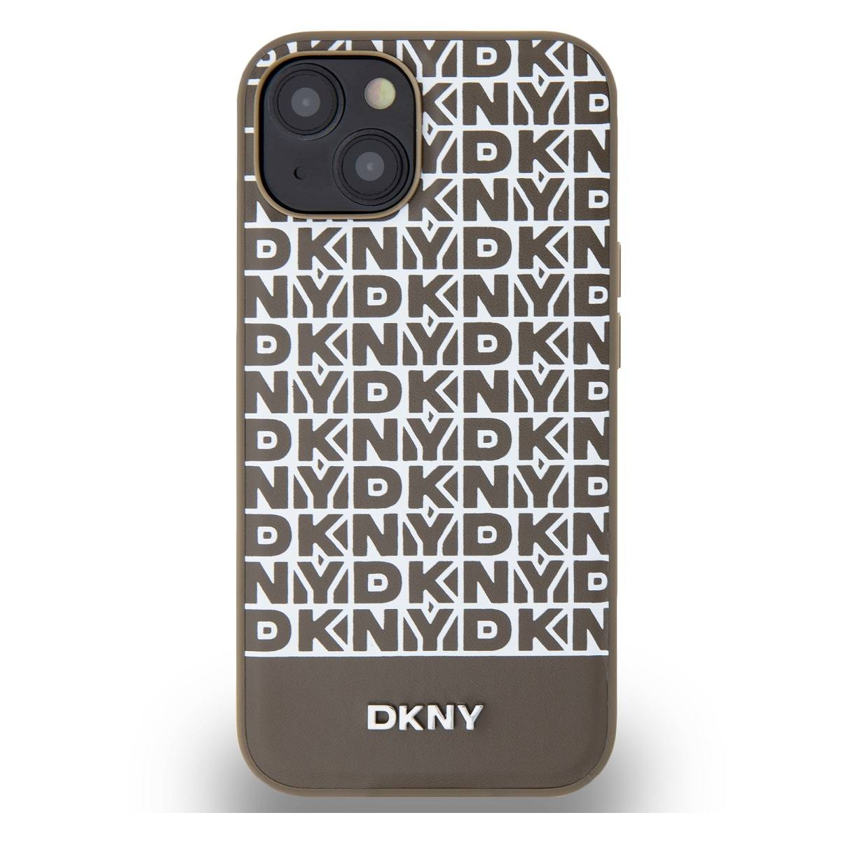 Custodia marrone con motivo logo DKNY ripetuto.