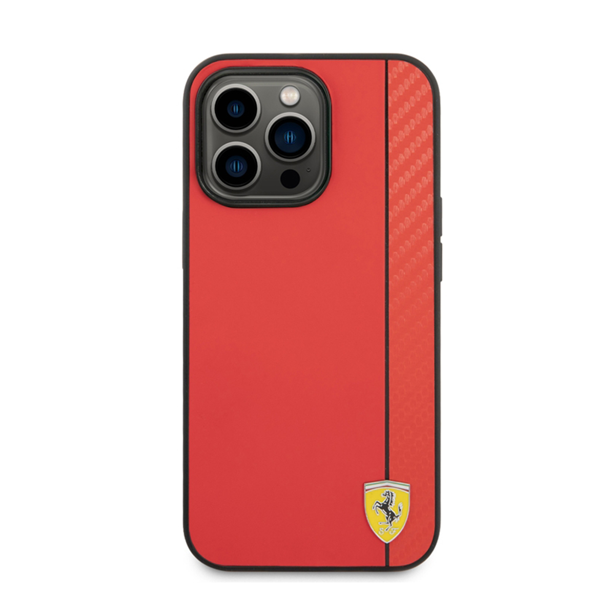 Funda roja para teléfono con logo Ferrari. Diseño rojo y negro, logo Ferrari amarillo.