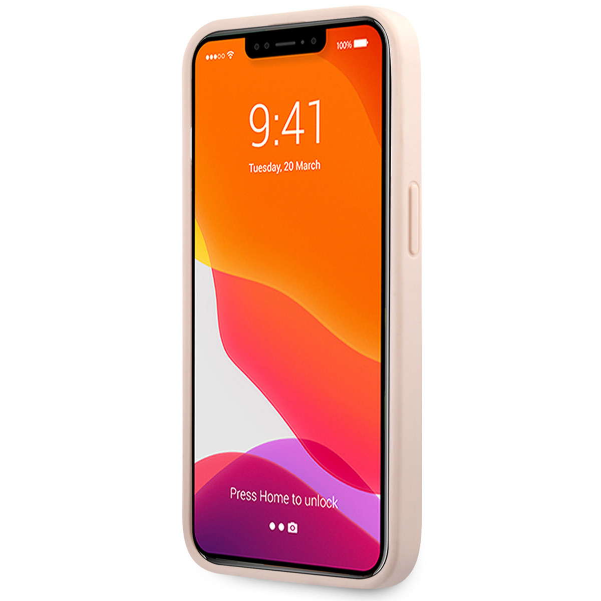 Telefono dentro una custodia rosa. Il display mostra ora e data. Sfondo bianco.