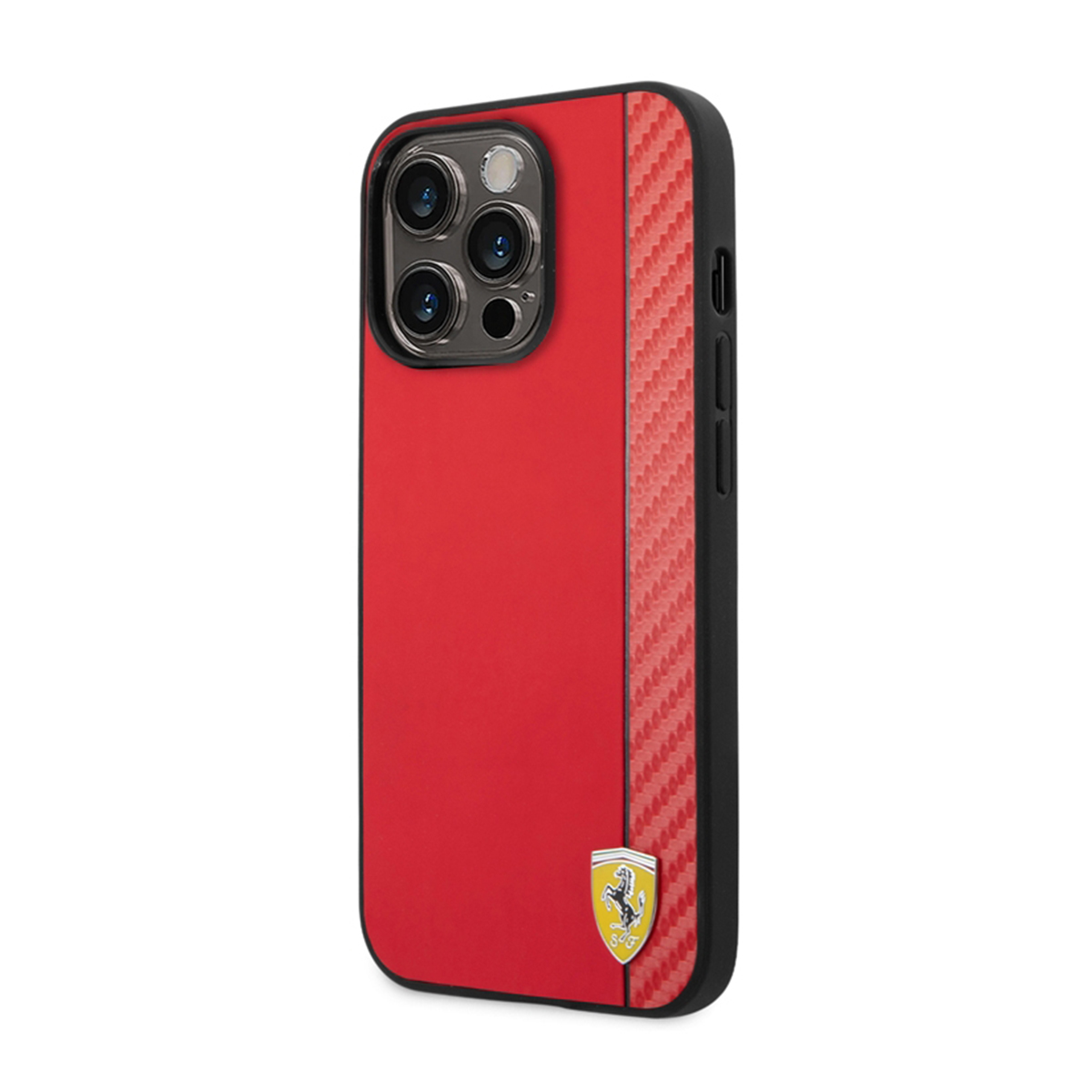 Funda roja para teléfono Ferrari. La funda es roja con una raya de fibra de carbono.