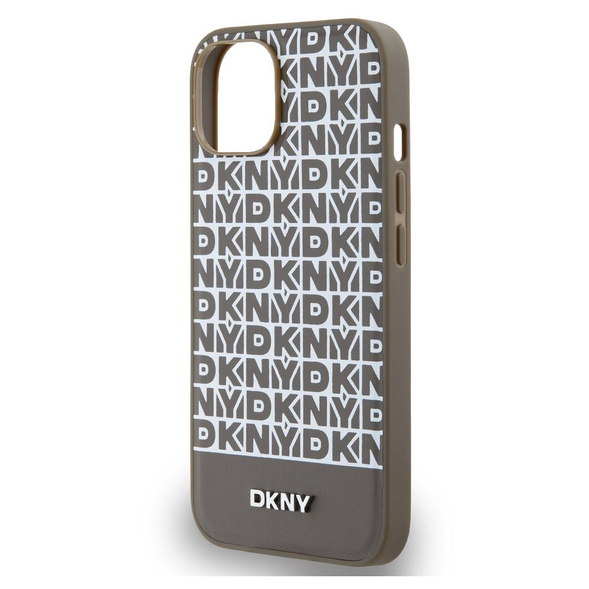 Custodia per telefono con il logo DKNY ripetuto. Colori marrone e bianco.