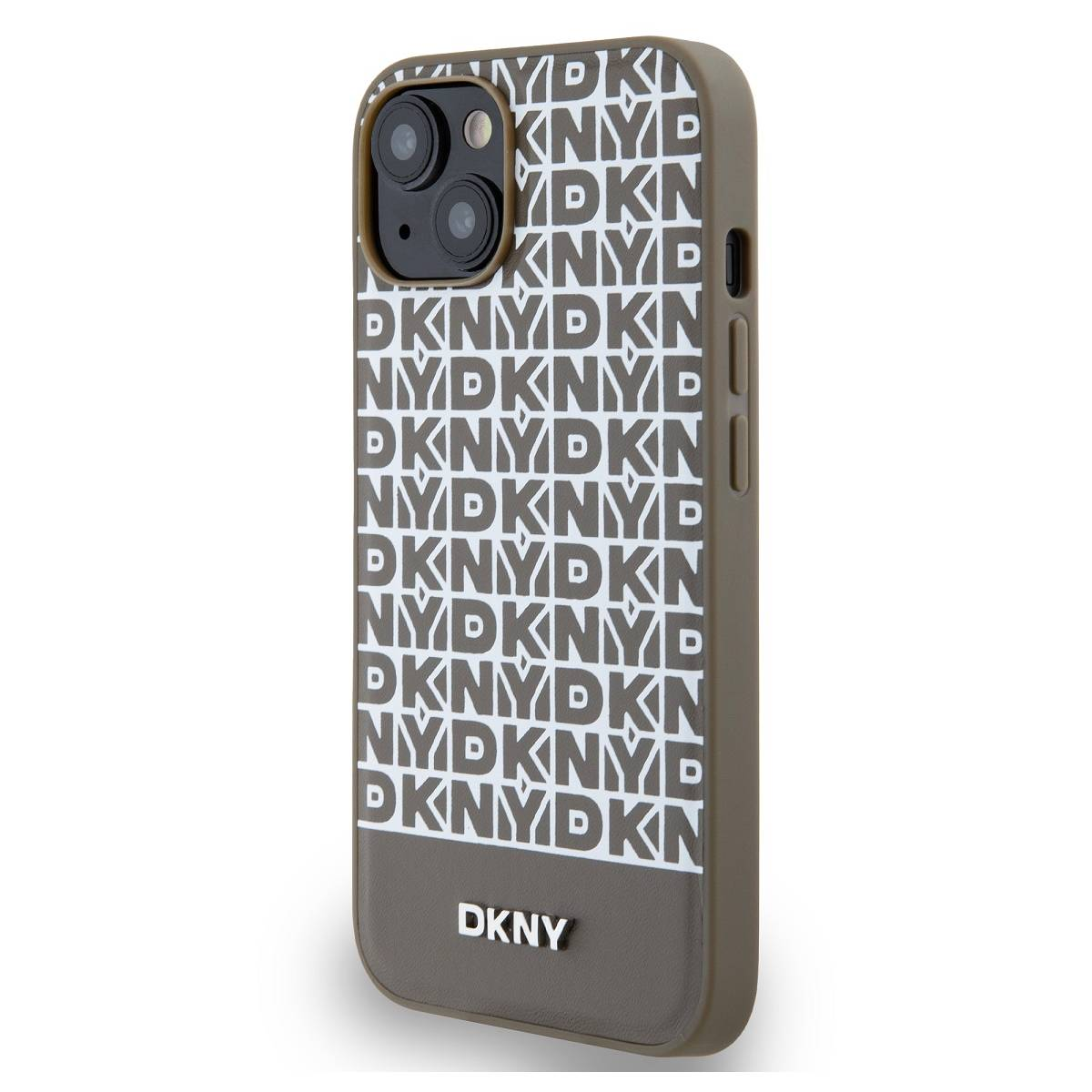 Una custodia per telefono con il logo DKNY. La custodia è marrone con testo DKNY bianco.