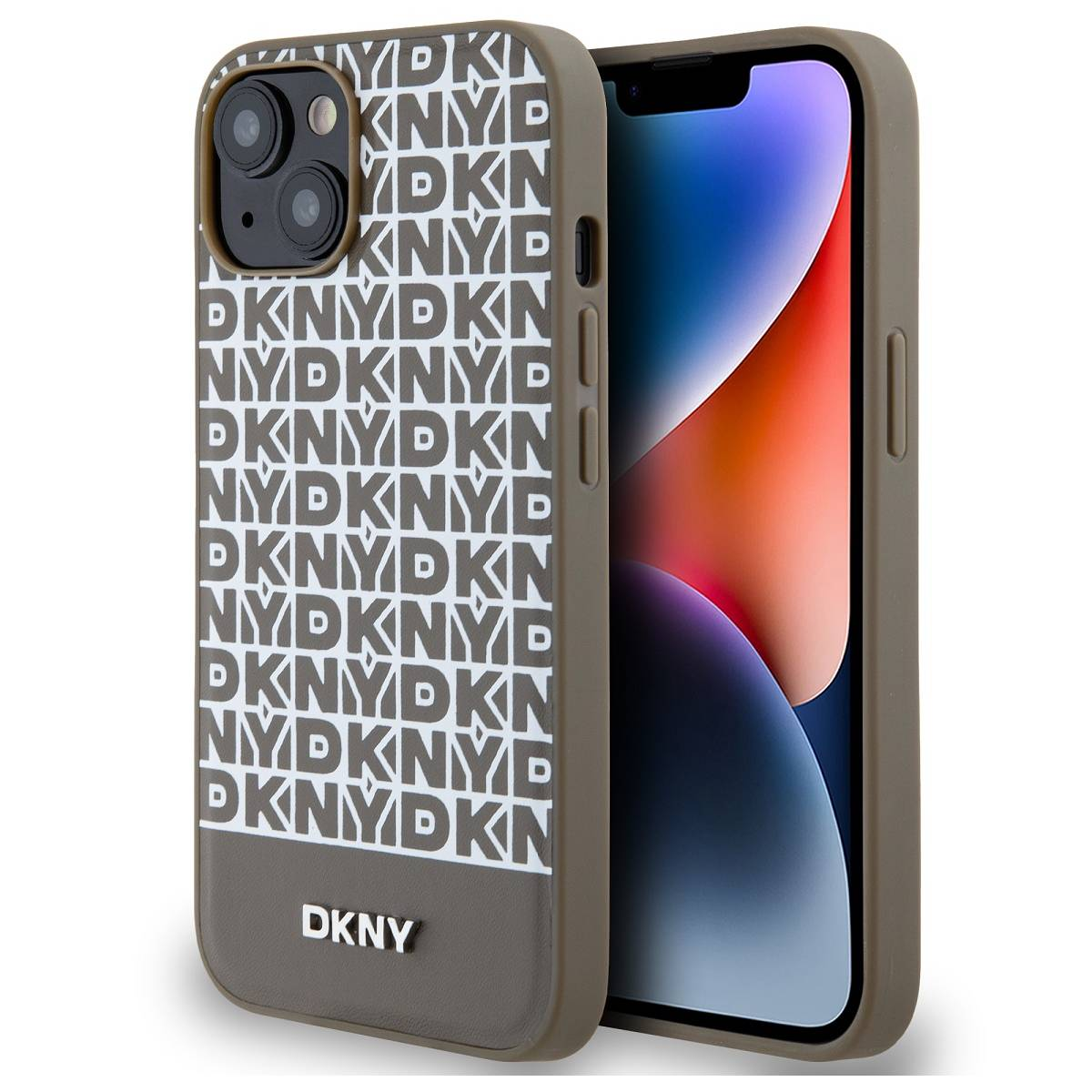 Custodia per telefono con motivo logo DKNY, con logo DKNY in basso. La custodia è color oliva.