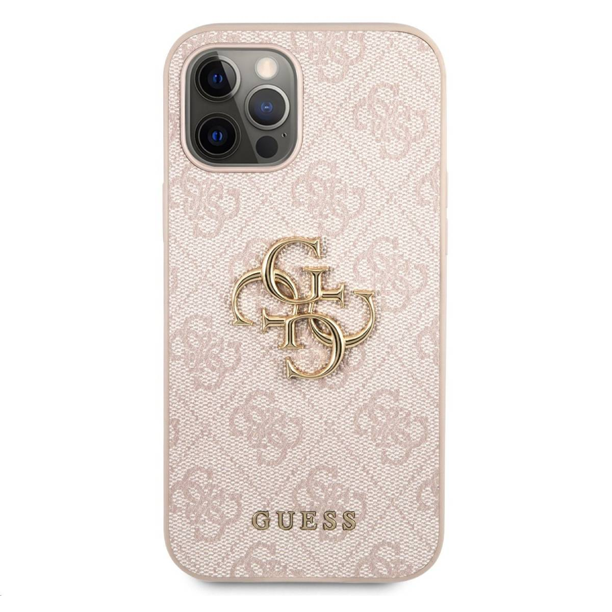 Custodia per telefono. Rosa con logo Guess. Sfondo rosa chiaro a motivi. Sfondo bianco.