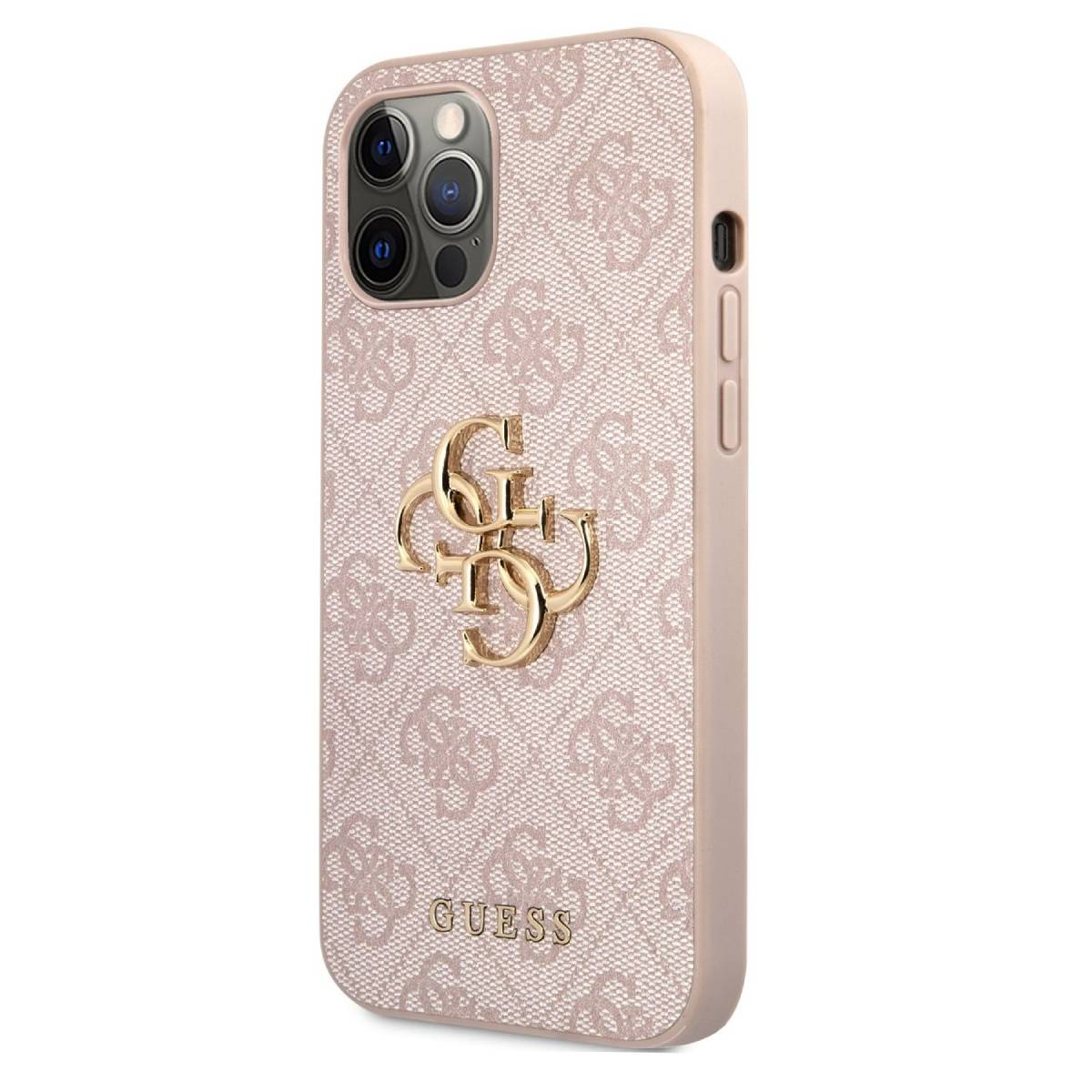 Un telefono con una custodia rosa Guess. La custodia presenta un logo e un motivo.