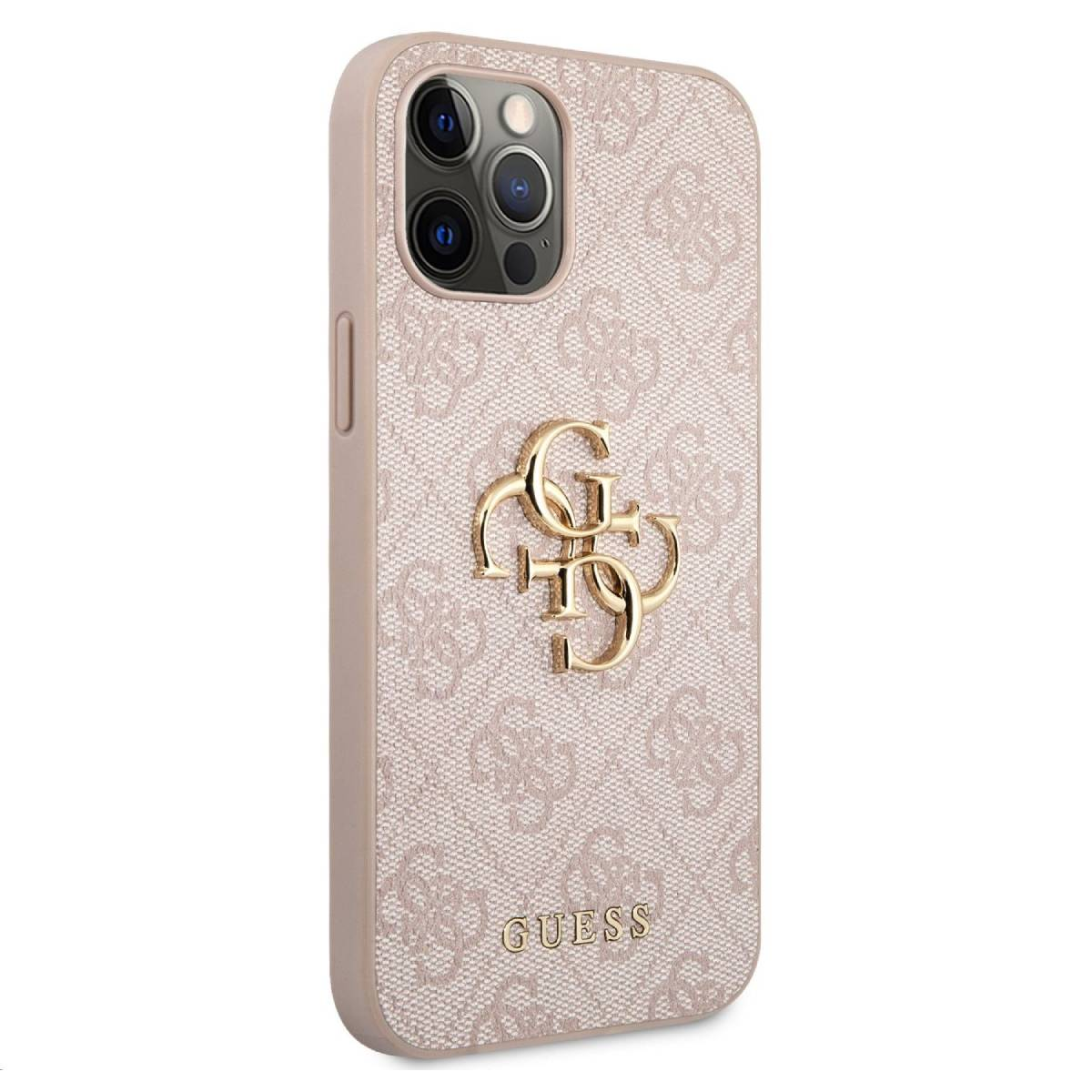 Custodia rosa Guess con logo e telefono. Sfondo bianco.