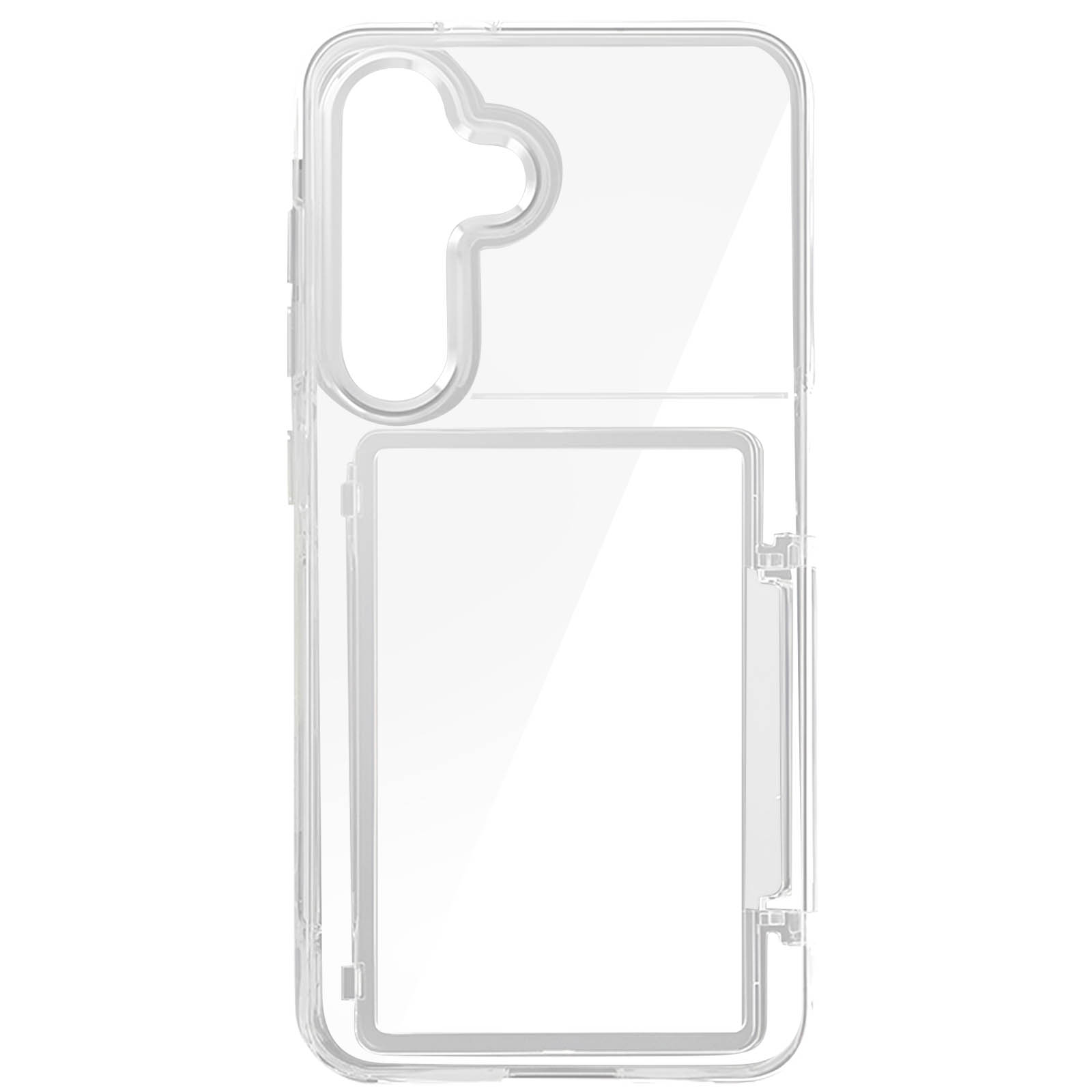Custodia trasparente per telefono di forma rettangolare. Ha aperture per pulsanti e fotocamera.