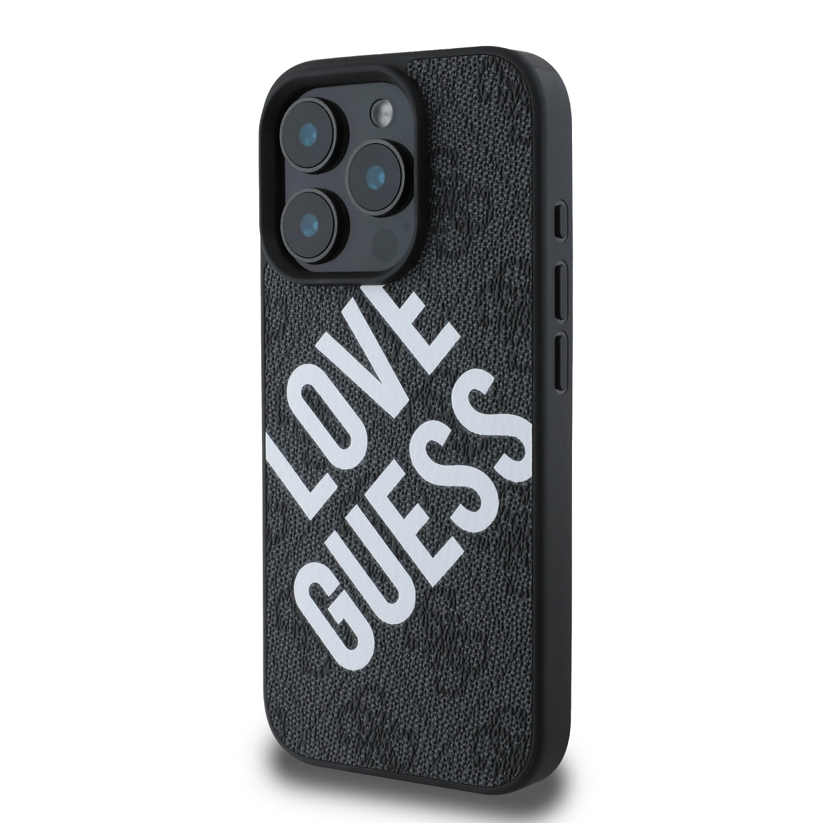 Custodia nera per telefono con testo LOVE GUESS bianco. La custodia è su un telefono che mostra la sua fotocamera.