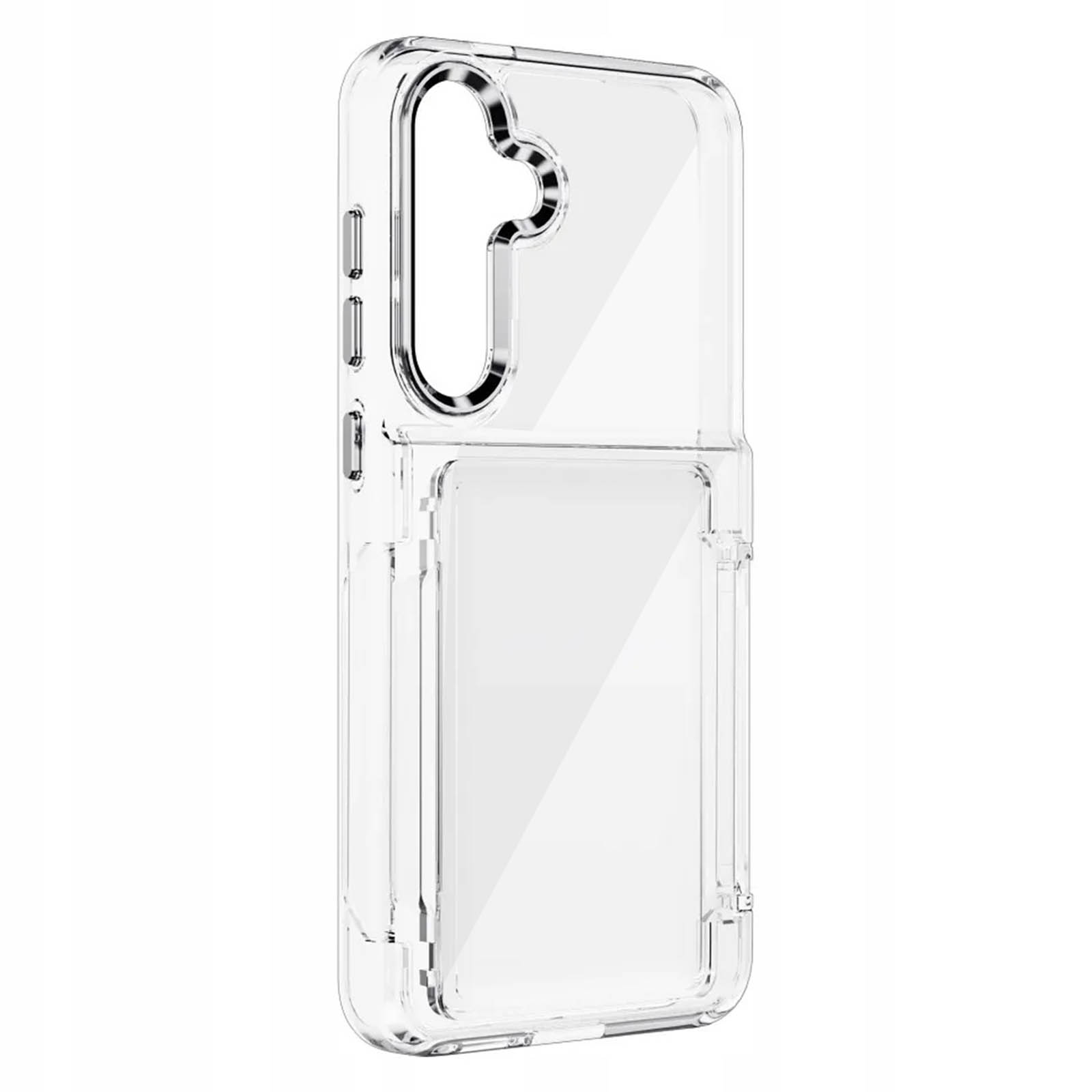 Una custodia trasparente per telefono con un ritaglio per la fotocamera, che mostra il design del telefono dal retro.