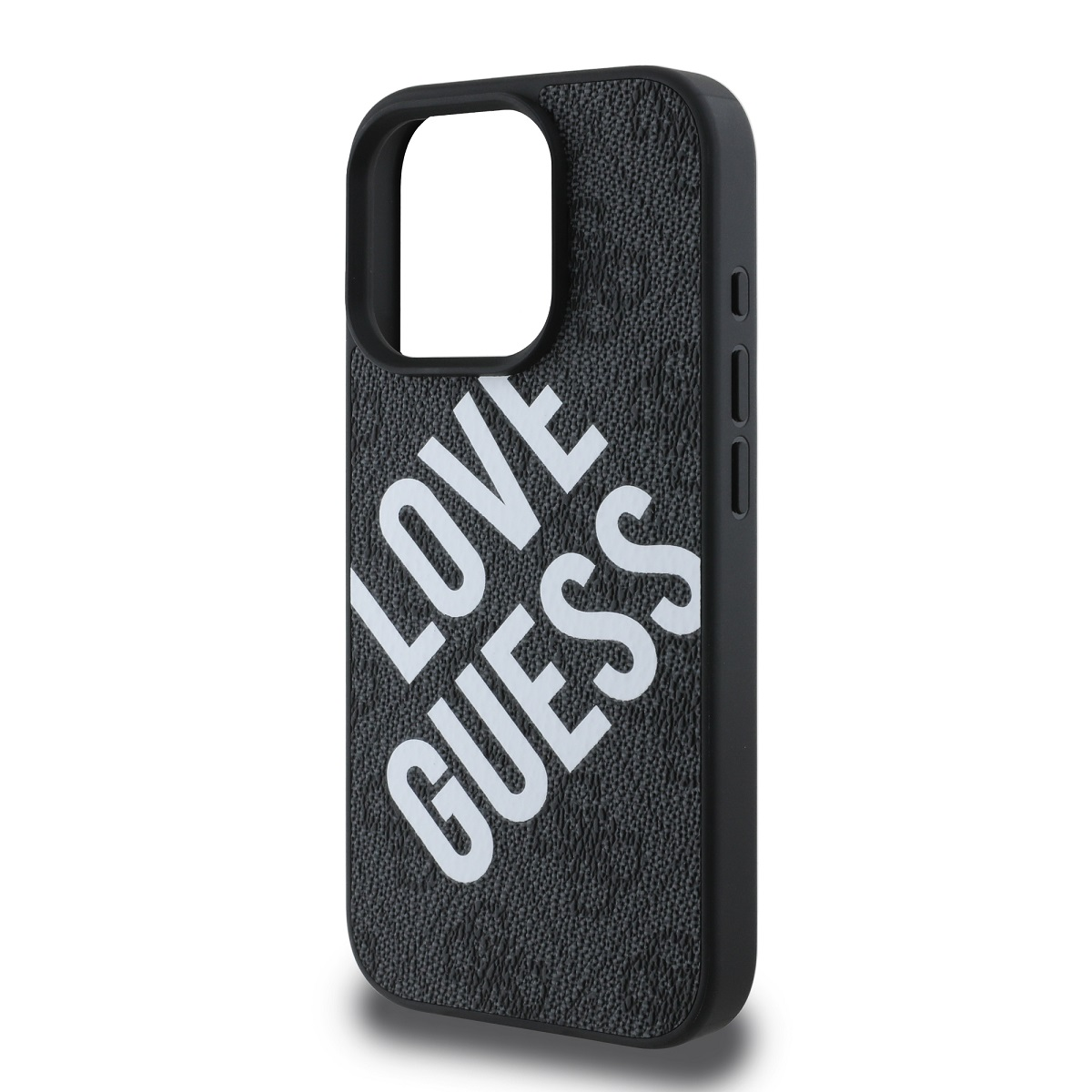 Custodia nera con le parole LOVE GUESS in bianco.