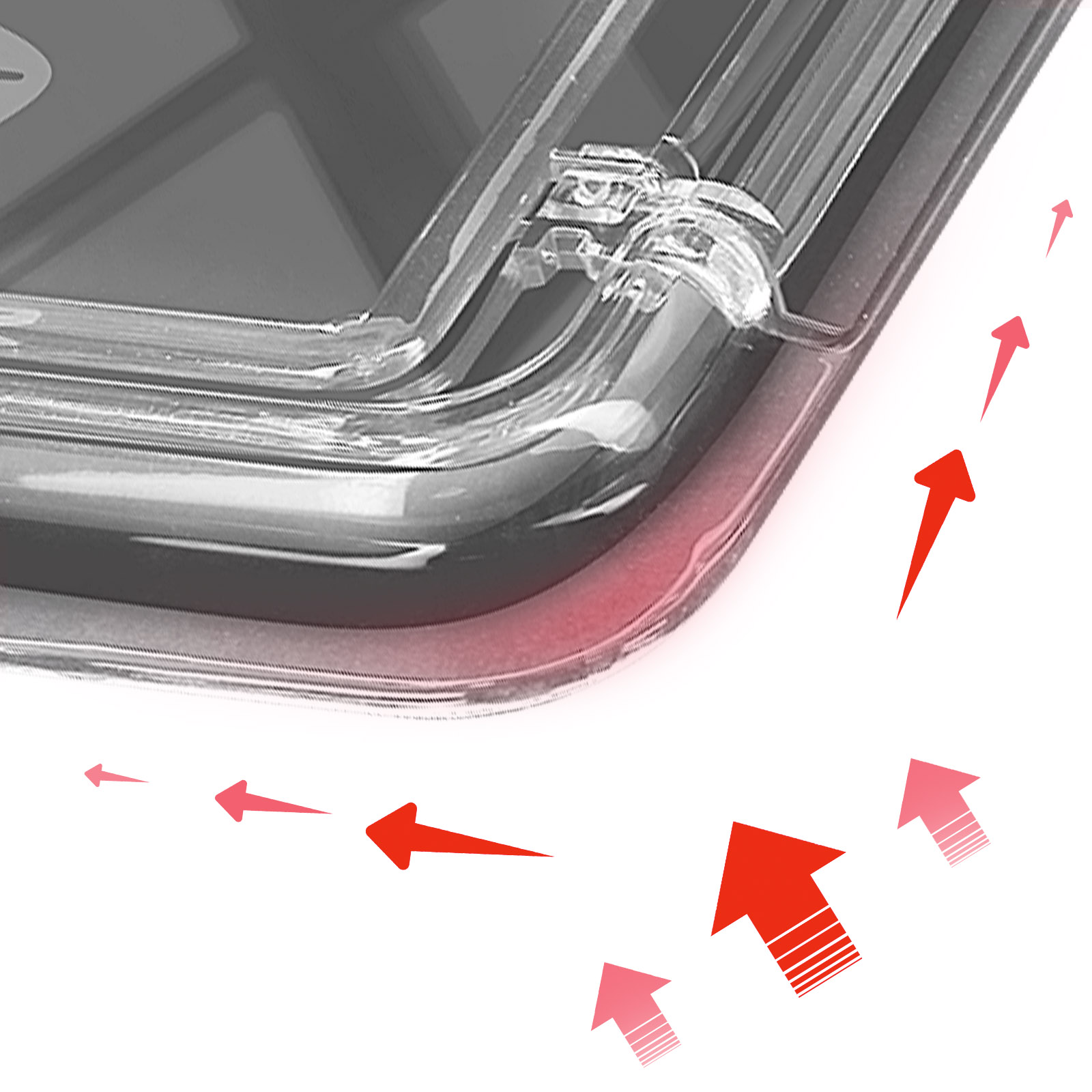 Primo piano di un angolo di custodia del telefono con frecce rivolte verso l'esterno, che evidenziano i dettagli del design. Sfondo bianco.