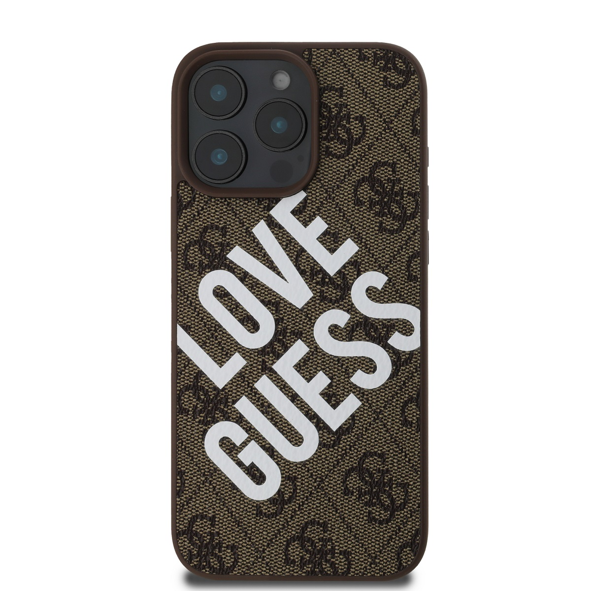 Custodia Guess marrone con testo 'LOVE GUESS' bianco e motivo logo.