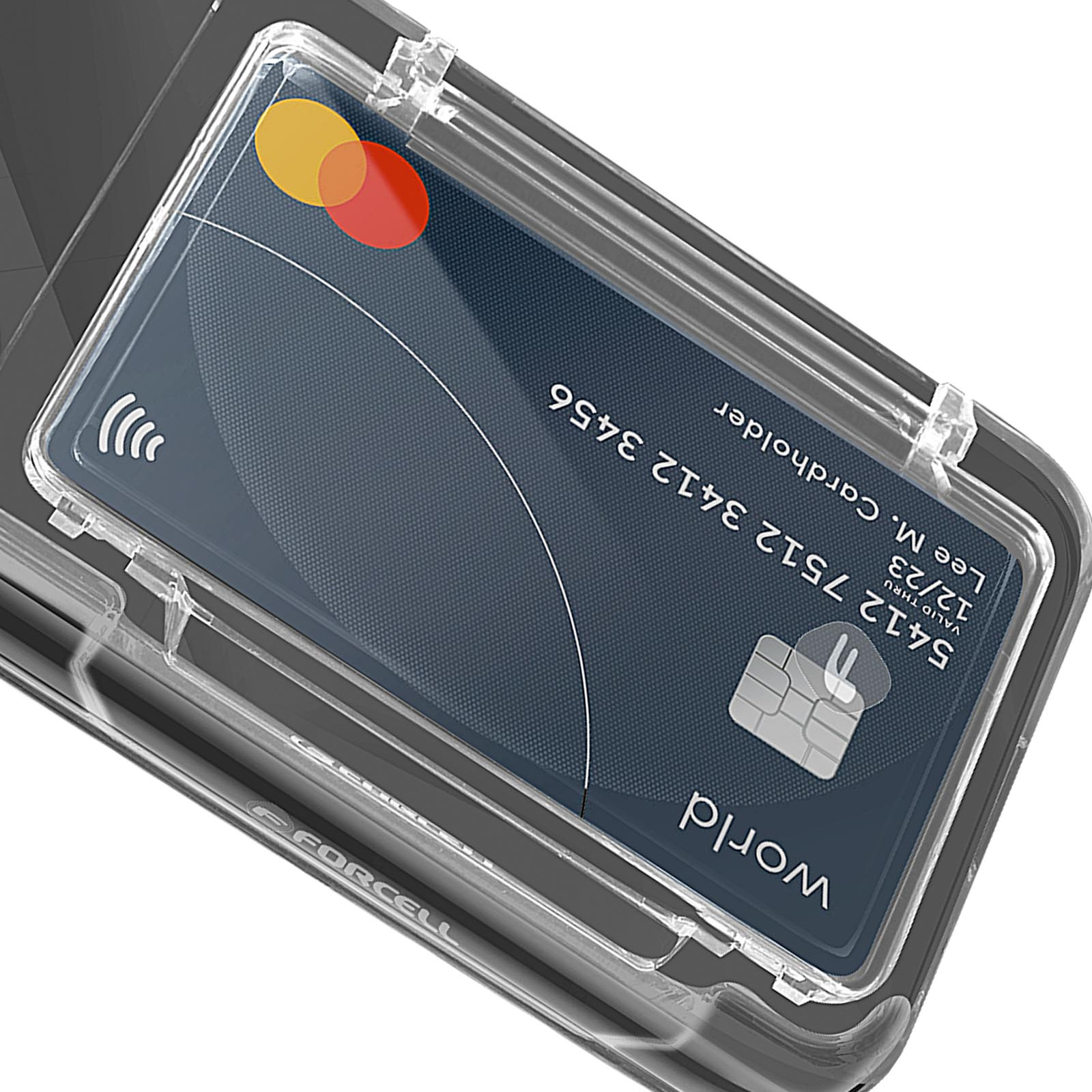 Custodia del telefono con carta di credito all'interno, con custodia trasparente.