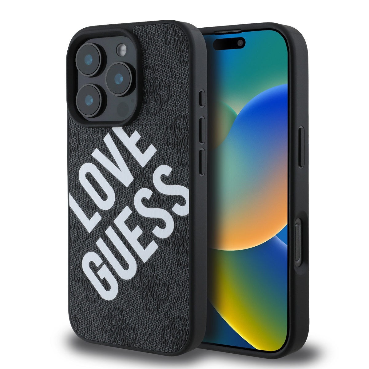 Una custodia nera con le parole 'LOVE GUESS' in bianco. Il telefono è all'interno.
