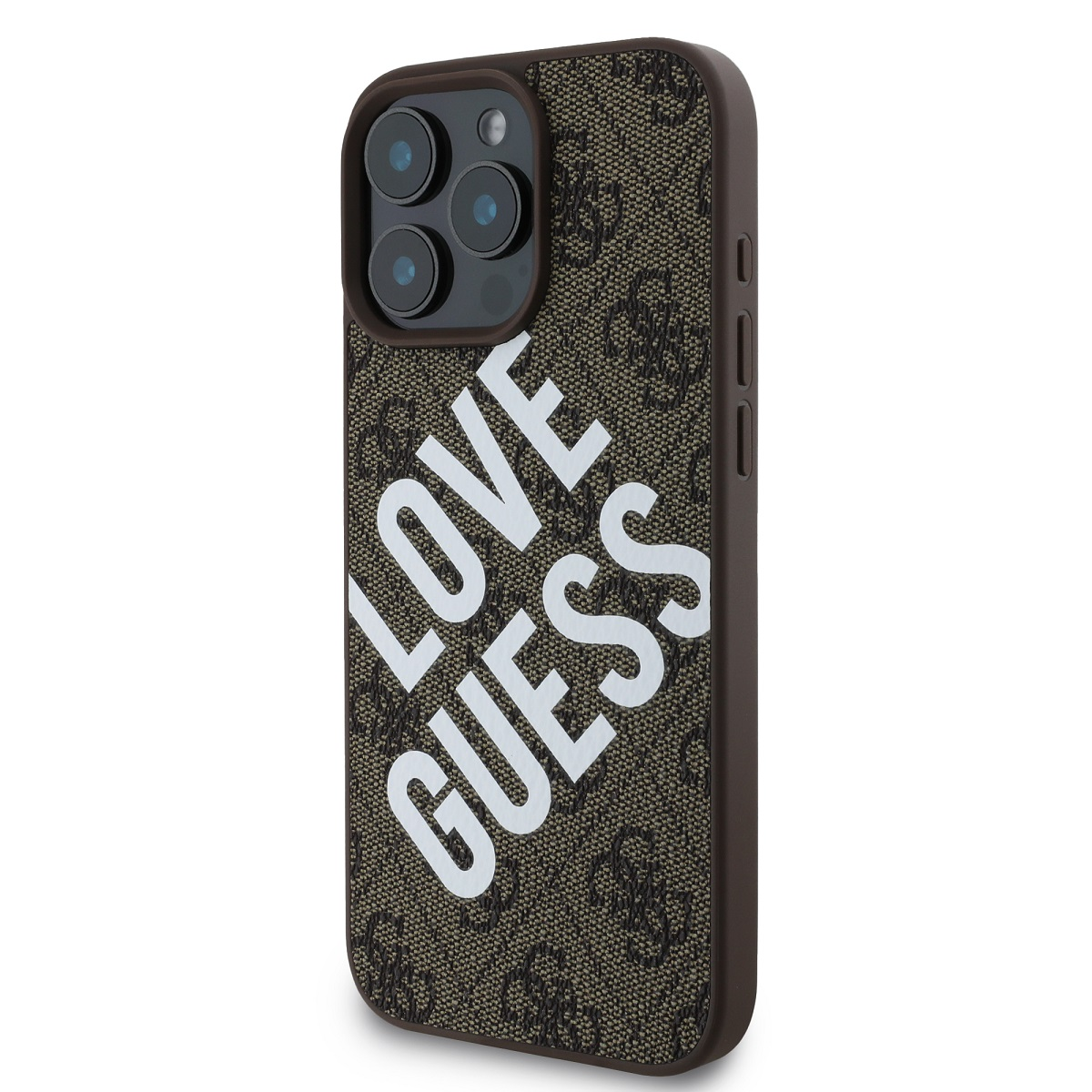 Custodia per telefono marrone con testo bianco 'LOVE GUESS'. La custodia è su una superficie marrone e bianca.