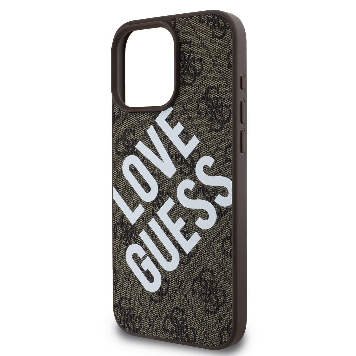 Custodia per telefono con motivo marrone e le parole 'LOVE GUESS' in bianco. La custodia avvolge il telefono.