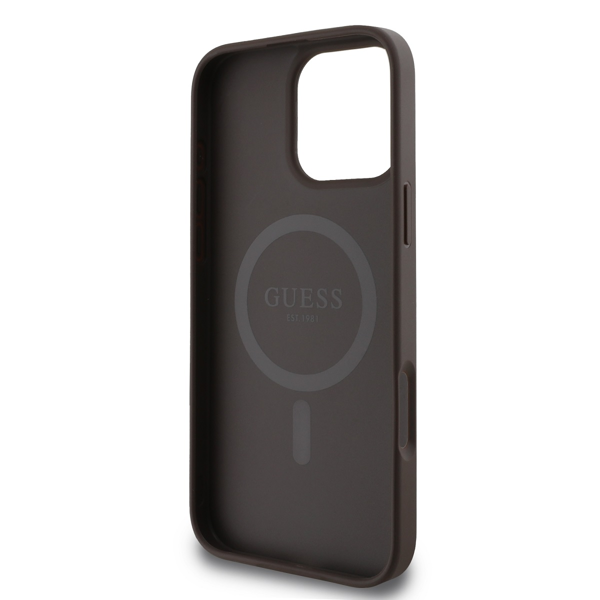 Custodia marrone con logo "GUESS". Cerchio magnetico ed Est. 1981.