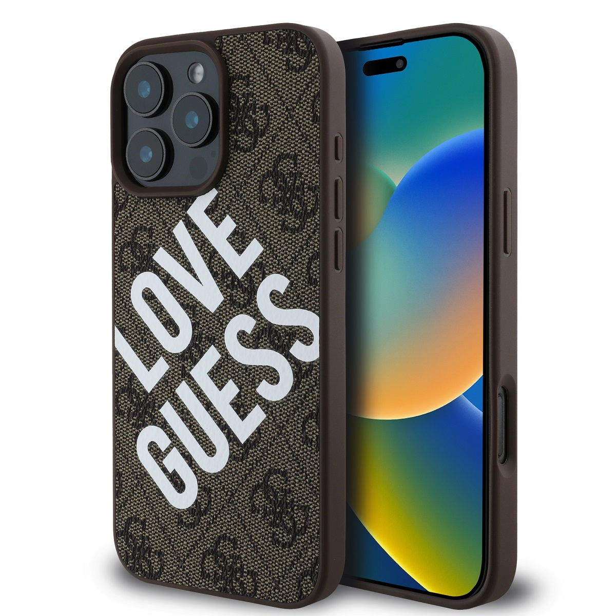 Telefono in custodia marrone e bianca. Testo: LOVE GUESS. Sfondo marrone con logo Guess.