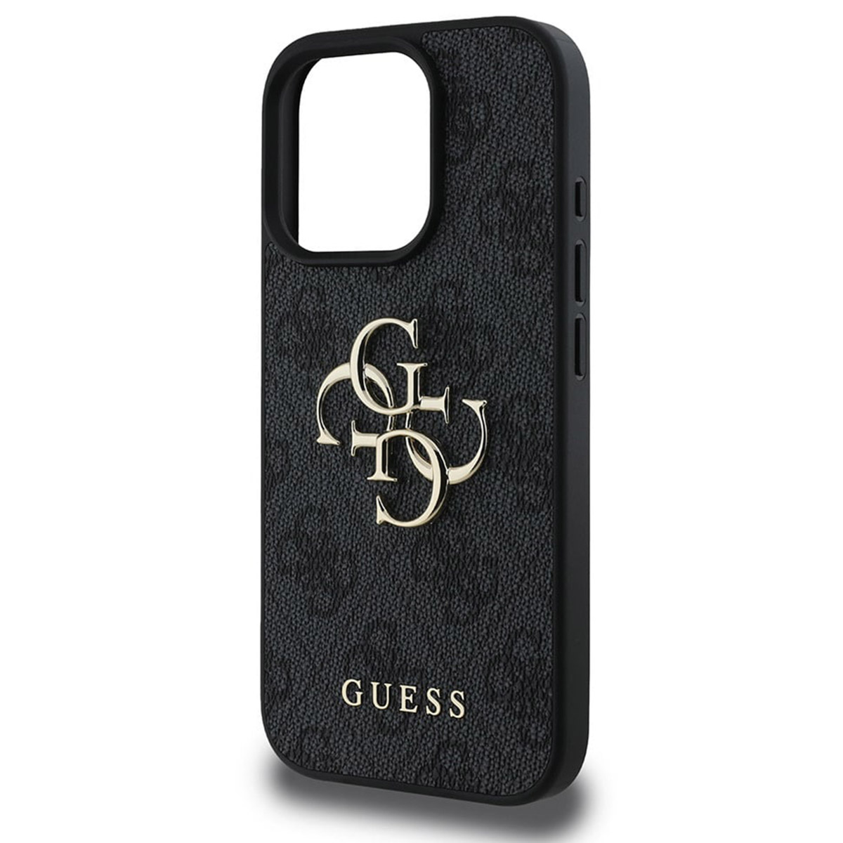 Schwarze Guess-Handyhülle mit goldenem Guess-Logo und Guess-Logo-Muster.