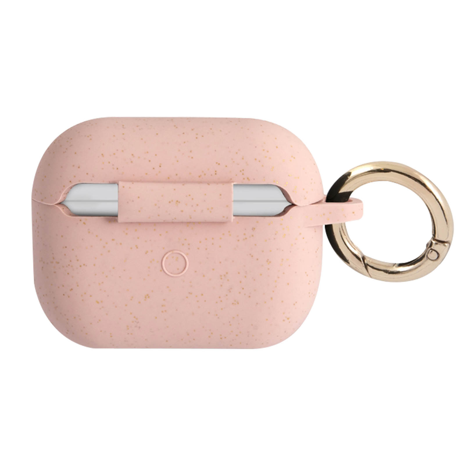 Funda rosa para AirPods con cierre de anillo dorado. Tiene una textura moteada.