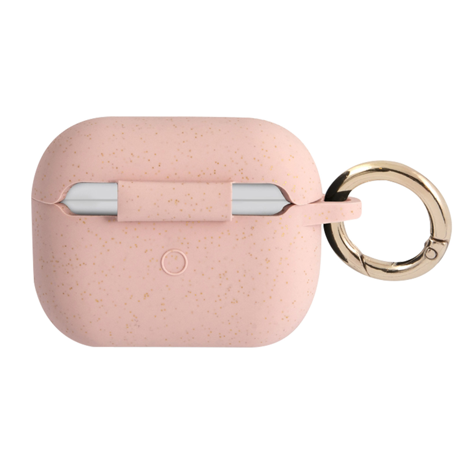 Funda rosa para AirPods con motas doradas y un anillo dorado. La funda está abierta.