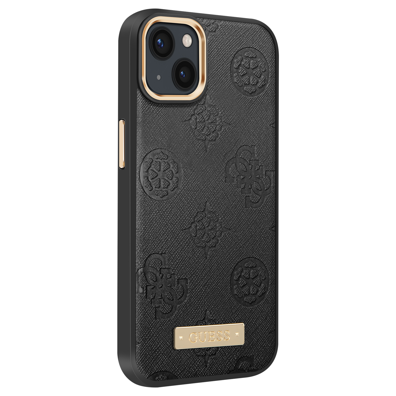 Custodia per telefono nera con motivo logo GUESS in rilievo e un'etichetta GUESS dorata.
