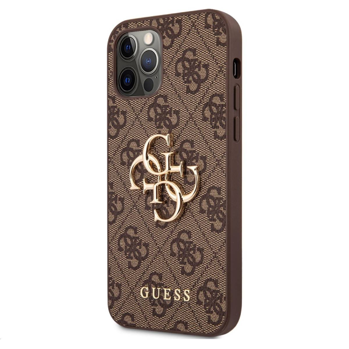 Braune Handyhülle mit Guess-Logo-Muster und goldenen Details an den Rändern.