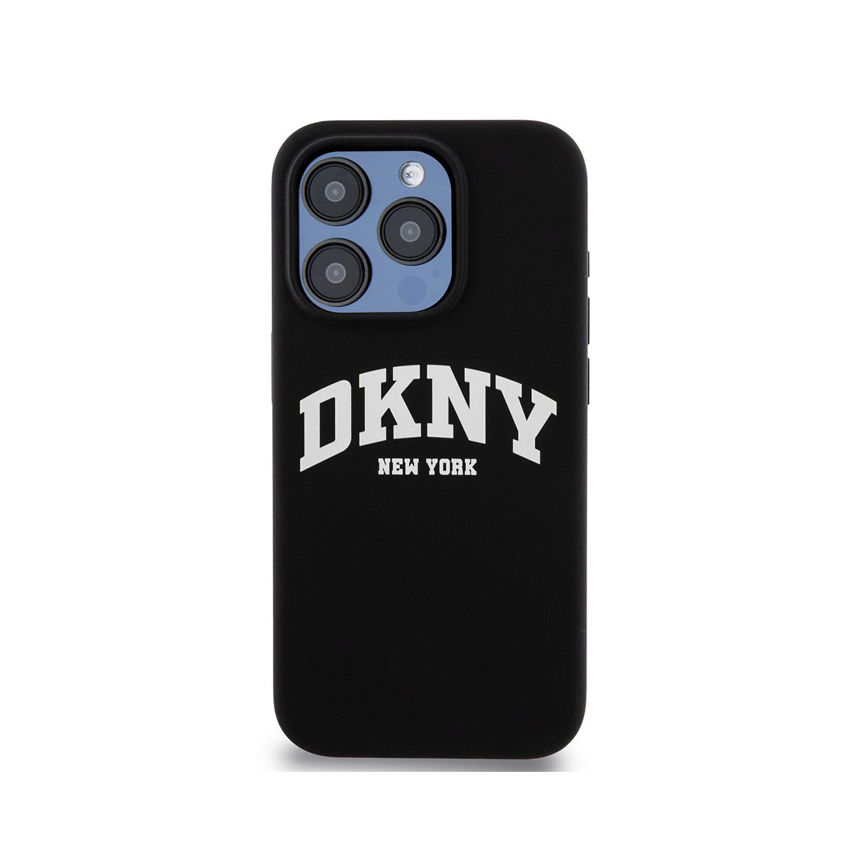 Custodia per telefono nera con logo DKNY bianco. La custodia è su sfondo bianco. La fotocamera è visibile.