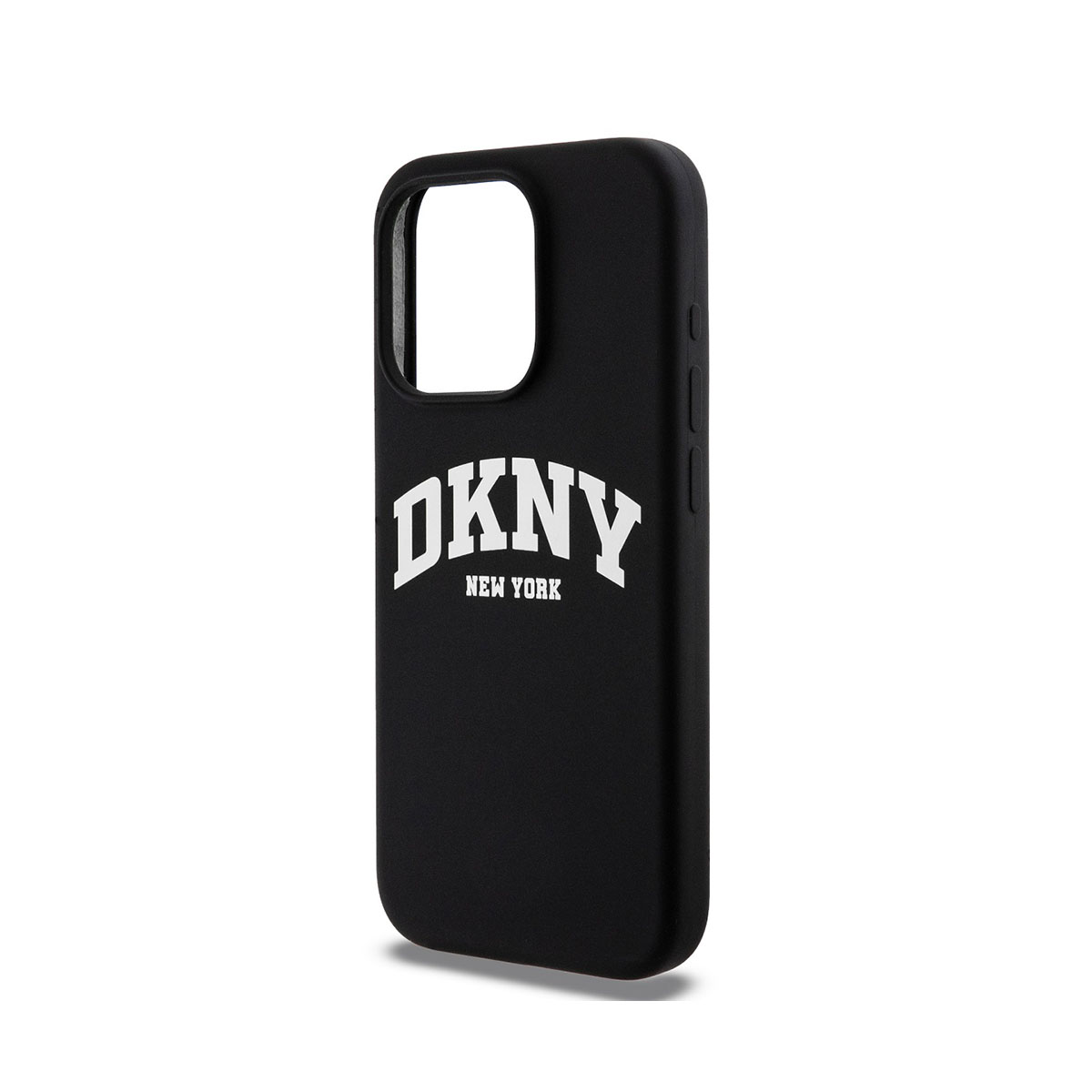 Custodia DKNY nera con logo DKNY New York in testo bianco.