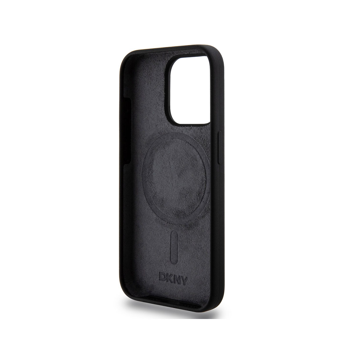 Interno della custodia per telefono DKNY nera. È nero liscio con un'area magnetica circolare e il logo DKNY.