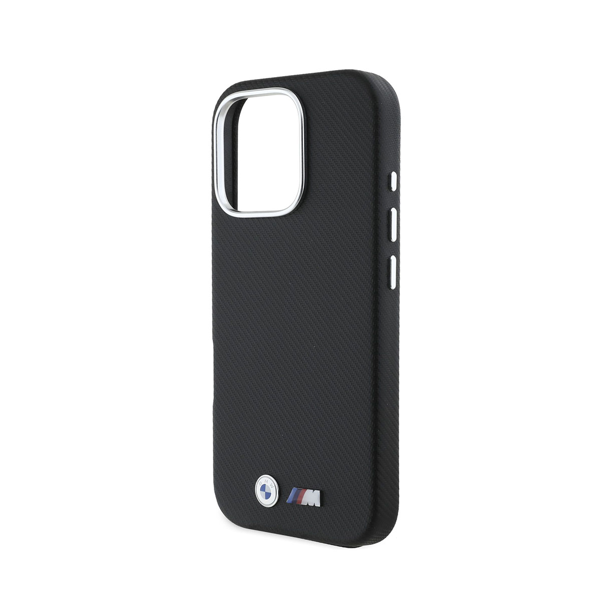 Custodia per telefono nera con trama in fibra di carbonio. Ha un ritaglio per la fotocamera argentato e il logo BMW in basso.