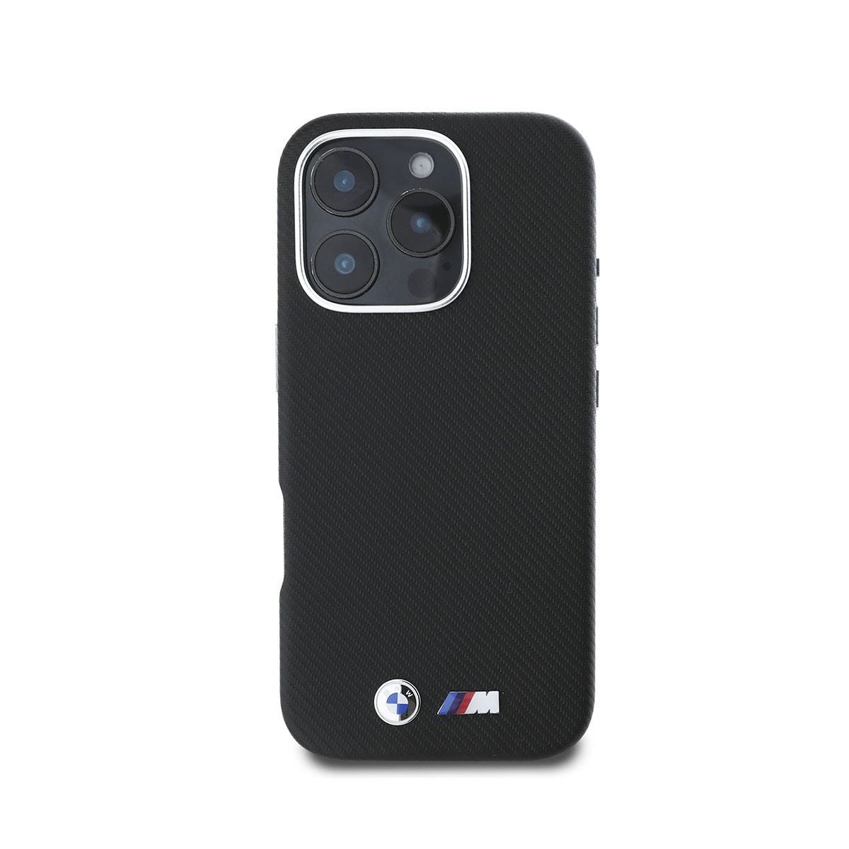 Custodia nera con logo BMW. Sfondo bianco.
