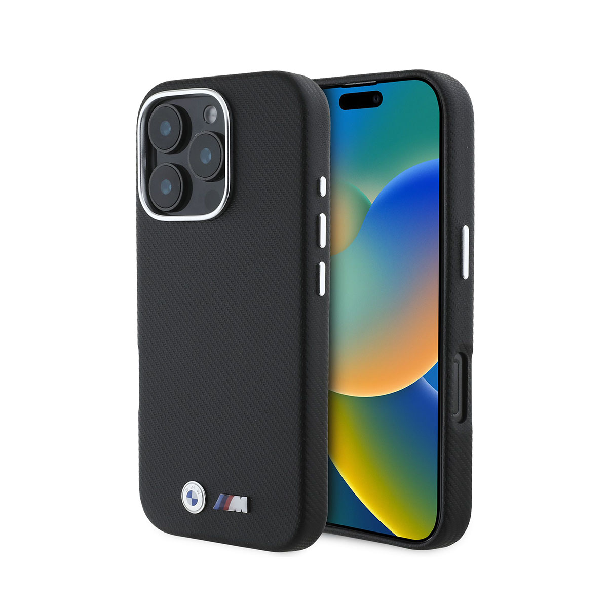 Custodia nera con logo BMW e tre obiettivi della fotocamera. Schermo del telefono visibile.