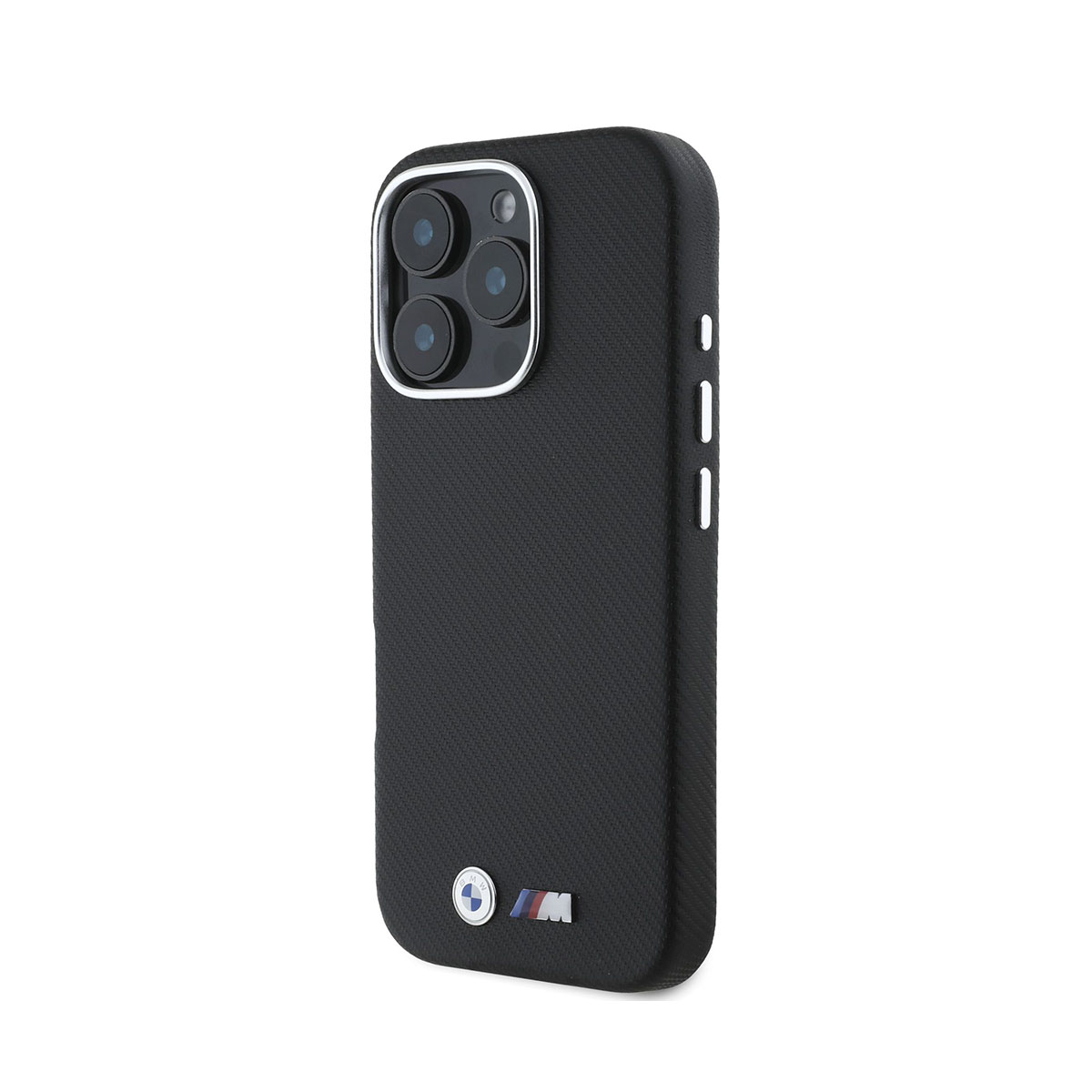 Custodia per iPhone nera con logo BMW. La custodia è strutturata e ha tre lenti.