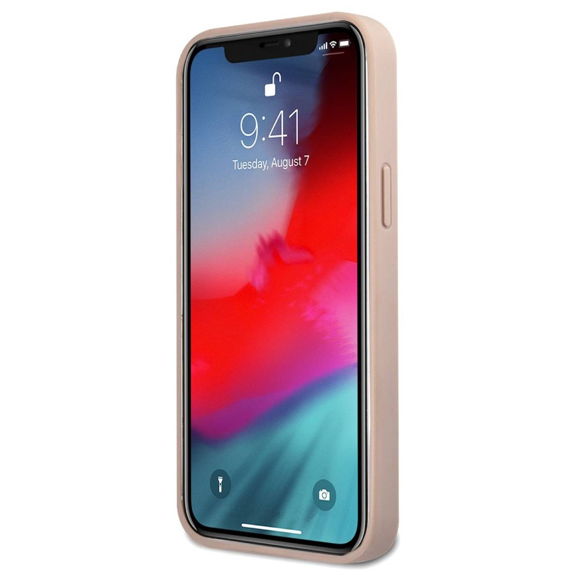 Telefon mit Sperrbildschirm. Das Telefon befindet sich in einer beige farbenen Hülle. Der Bildschirm zeigt Zeit und Datum.