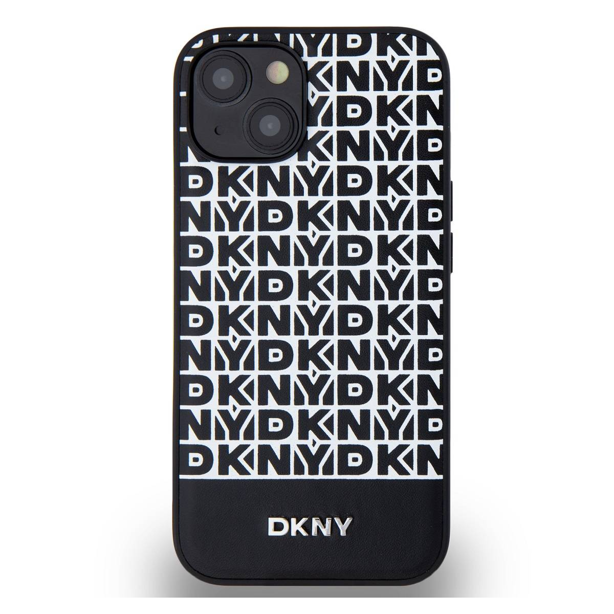 Custodia per telefono con logo DKNY ripetuto. La custodia è in bianco e nero. Il telefono è su sfondo bianco.