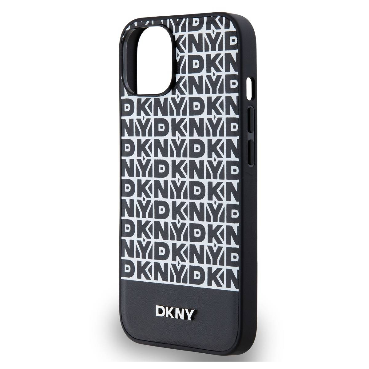 Una custodia per iPhone nera con il logo DKNY ripetuto in bianco.