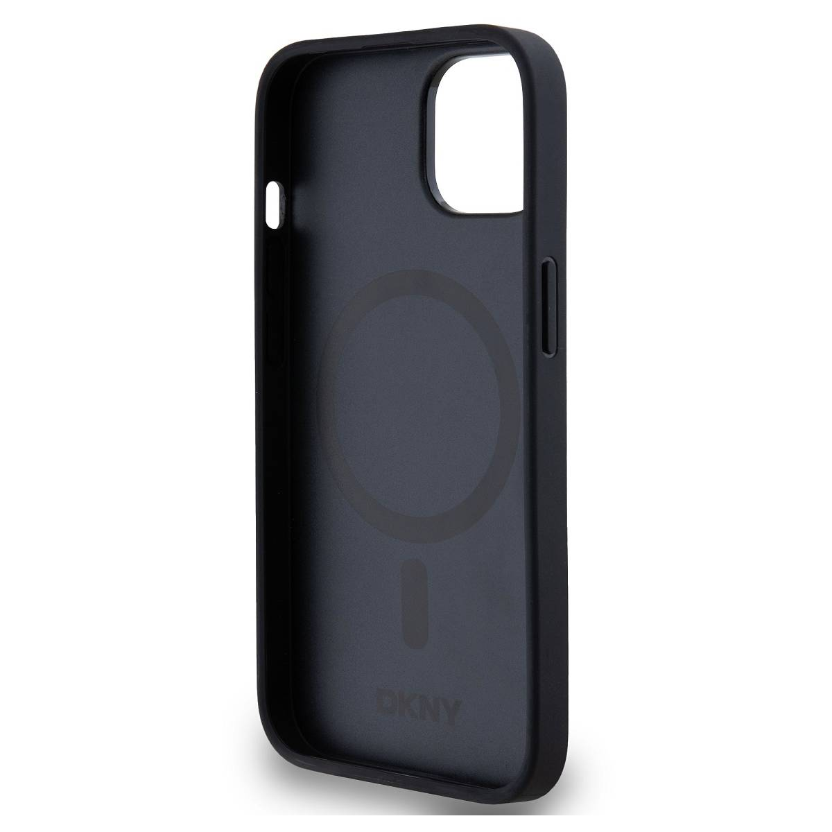 Interno della custodia nera DKNY con un magnete circolare, un logo in basso.