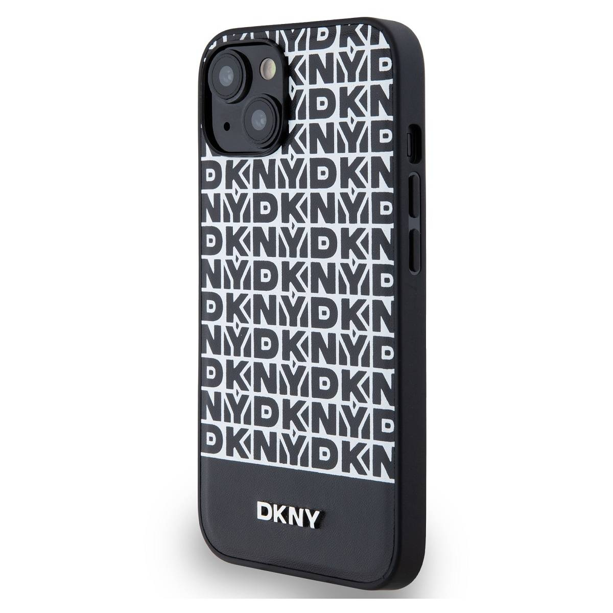 Custodia per telefono DKNY in bianco e nero con motivo logo ripetuto.