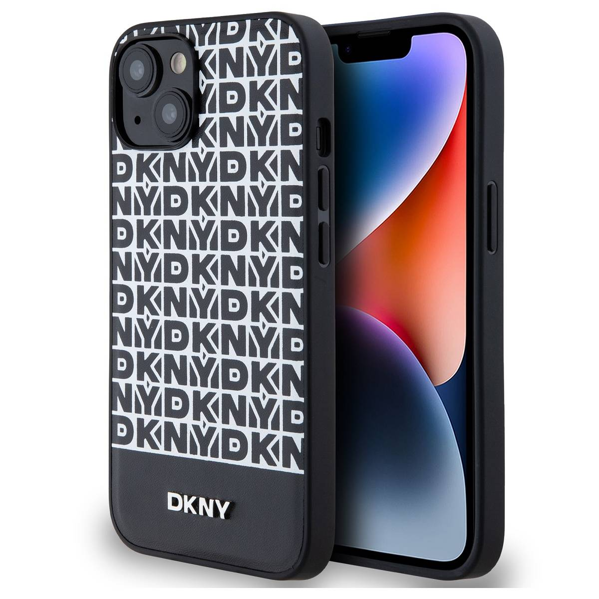 Una custodia per telefono con un design DKNY. Il telefono è in una custodia nera con un motivo bianco.