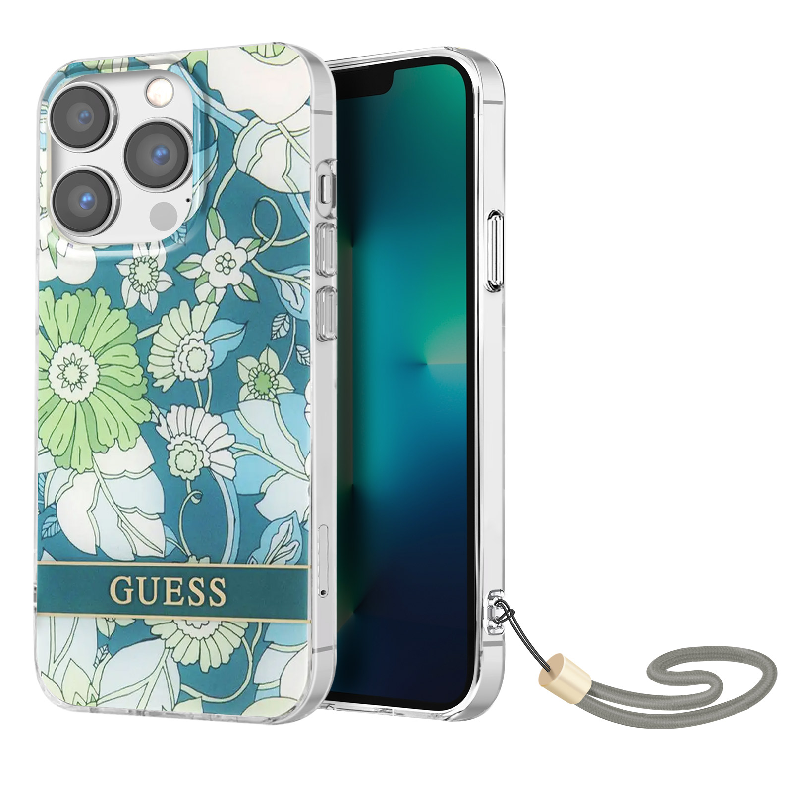 Telefono in custodia trasparente con design floreale, logo GUESS e cinturino.