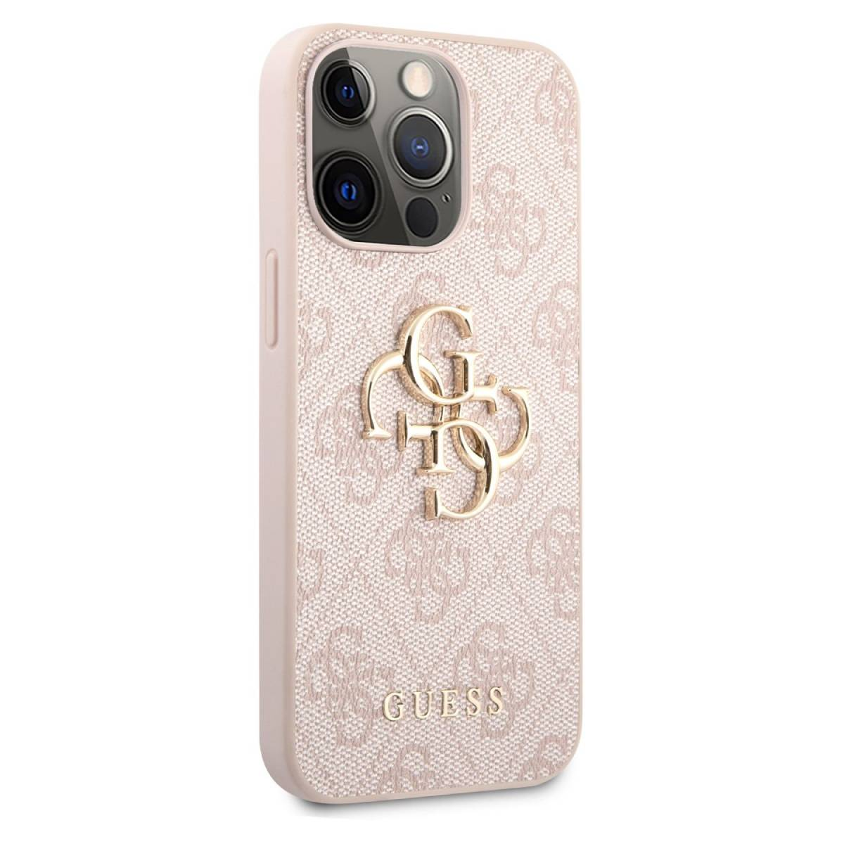 Custodia rosa per telefono con motivo floreale e logo "GUESS" in oro.