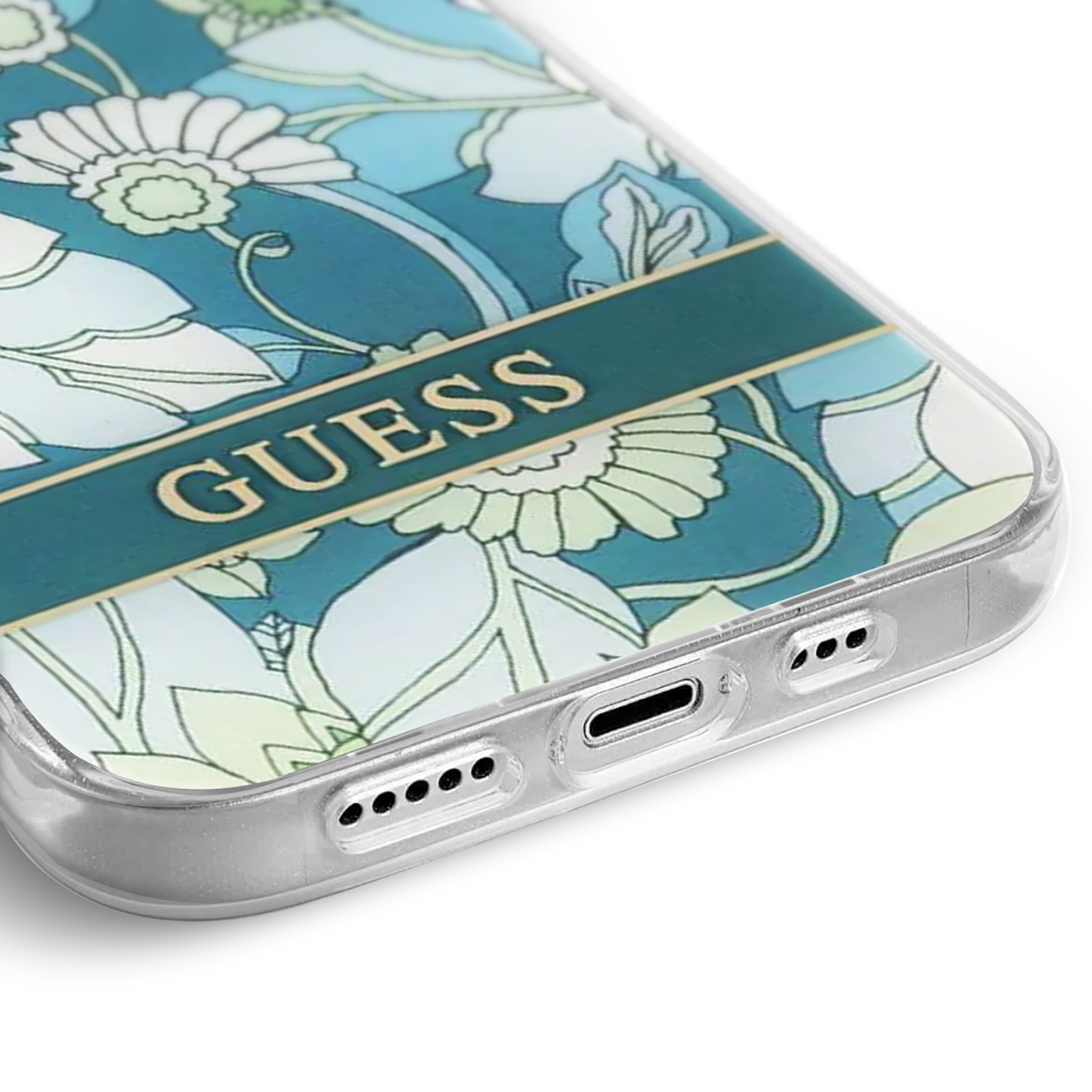 Custodia per telefono con design floreale e la scritta GUESS. Colori: turchese, bianco e blu.